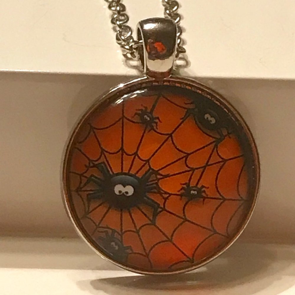 Halloween Spiders & Spiderweb Silver Tone Necklace